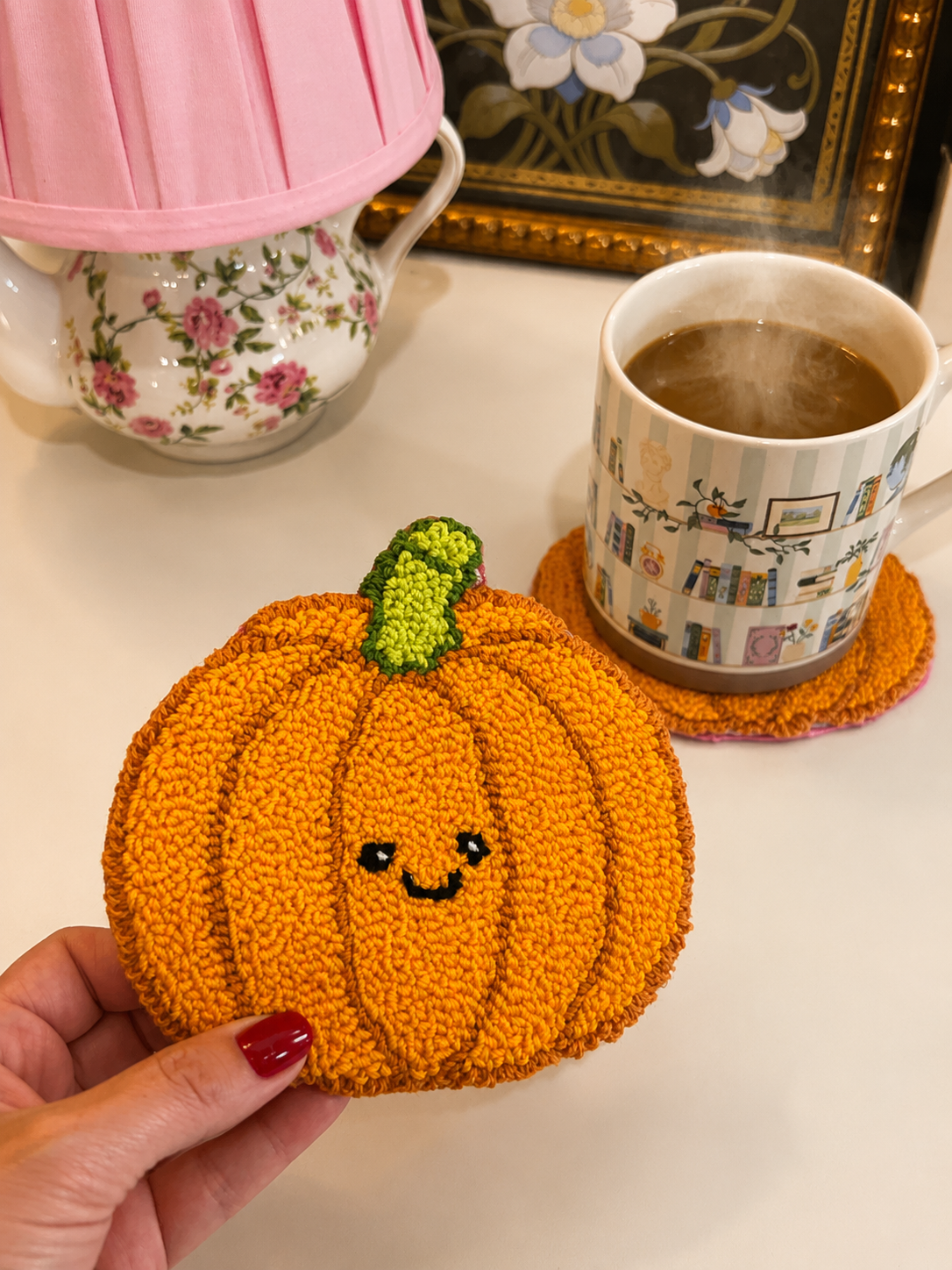 Halloween autumn season punch needle mug rugs, coasters : Pumpkin