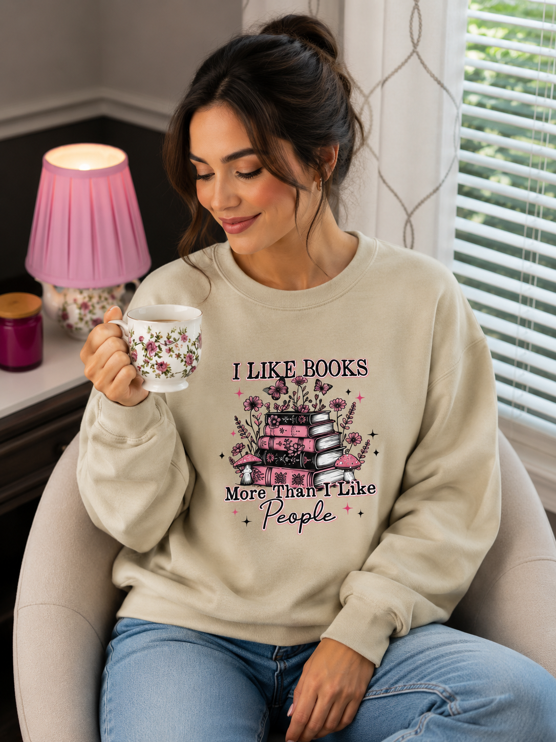 I Like Books More Than I Like People Crewneck in Tan