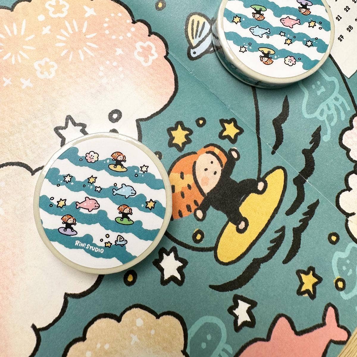 Wave mini Washi Tape - Surfing Beach decoration tape RiN! Studio