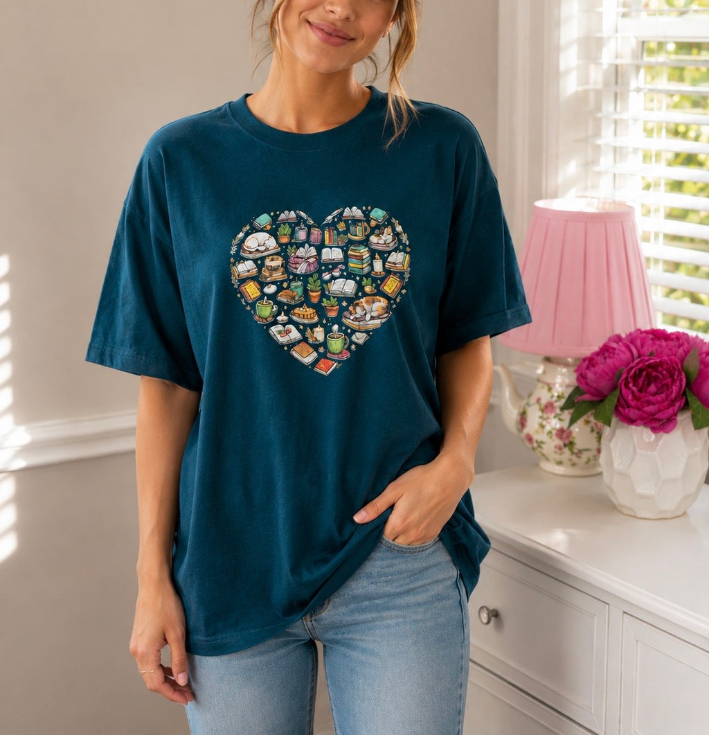 Heart Book Cat Lover T -Shirt in Atlantic