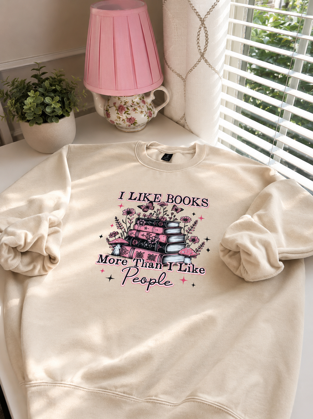 I Like Books More Than I Like People Crewneck in Tan