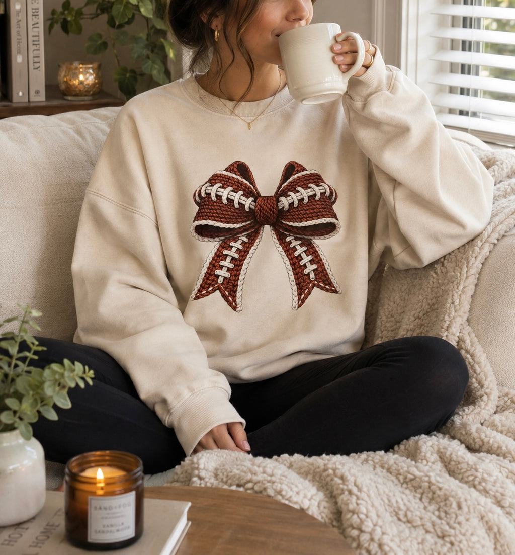 Football Bow Crewneck in Tan