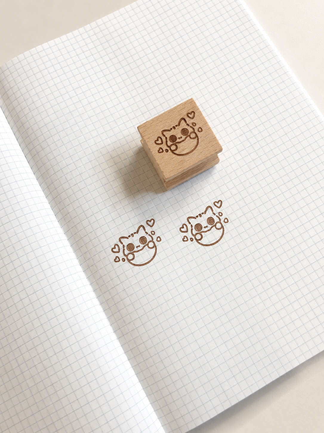 Cute Cat and Hearts Wooden Stamp