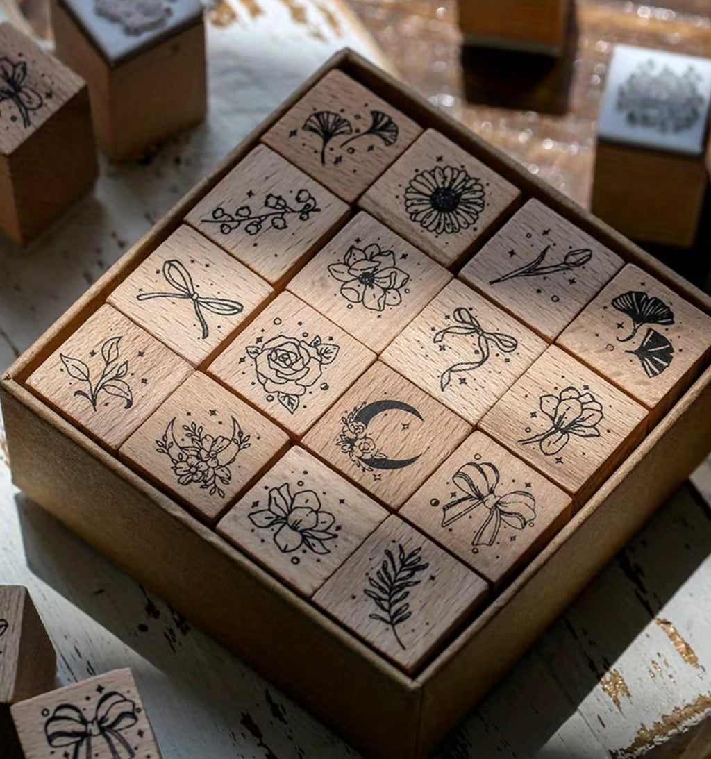 16pcs Box Vintage Floral Wooden Rubber Seal Stamp