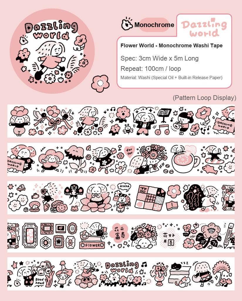 Flower Washi Tape - Dazzling World | Monochrome Pink Theme | Journal Tape | RiN! Studio