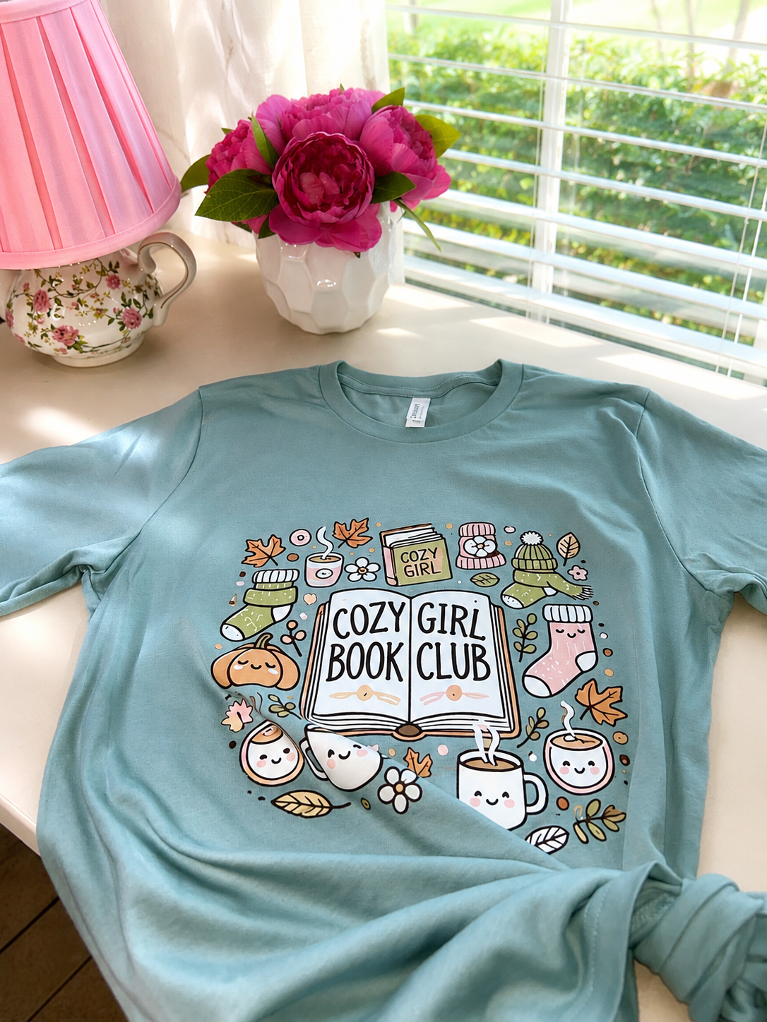 Cozy Girl Book Club T-Shirt in Dusty Blue