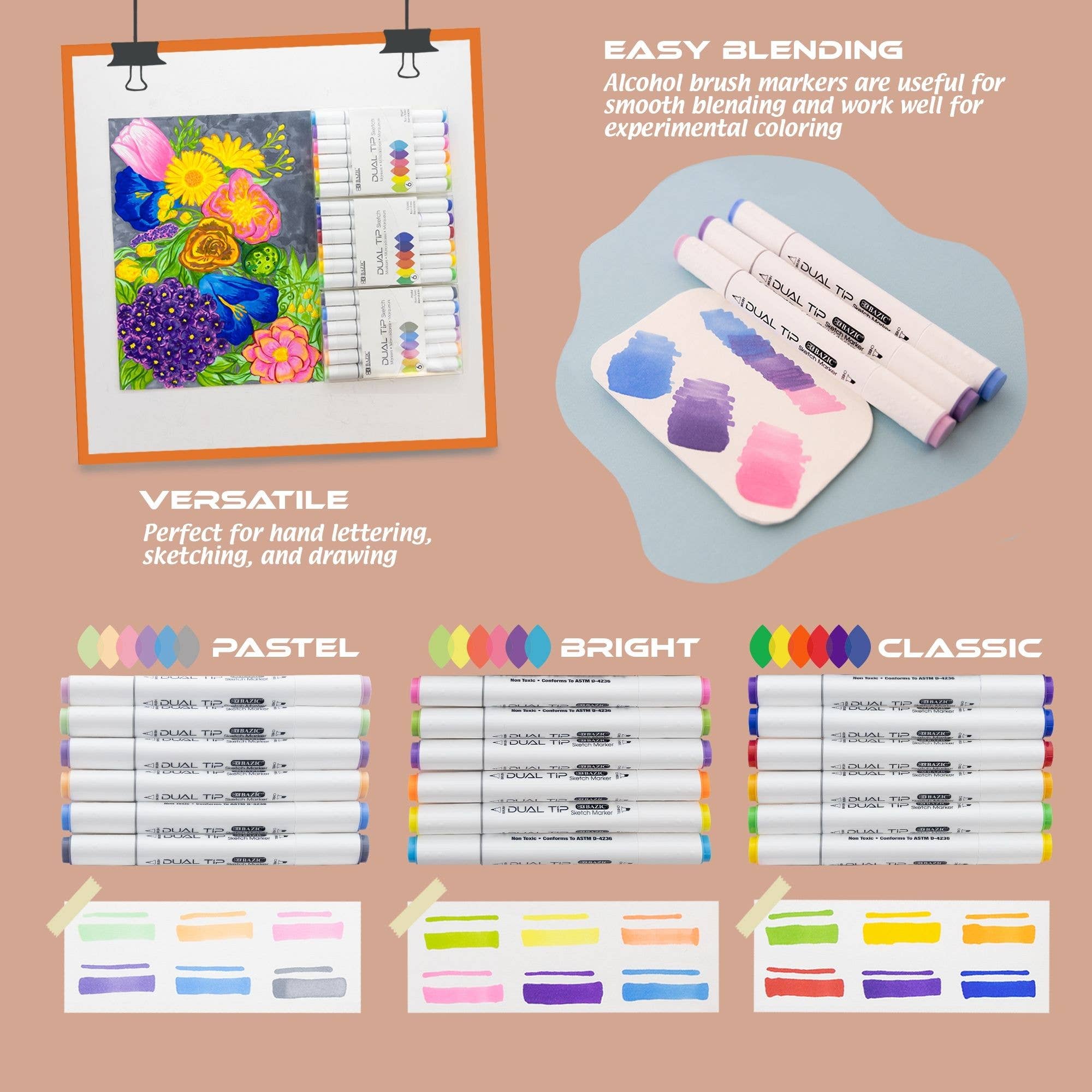 Dual Tip Alcohol-Based Markers 6 Fluorescent Colors
