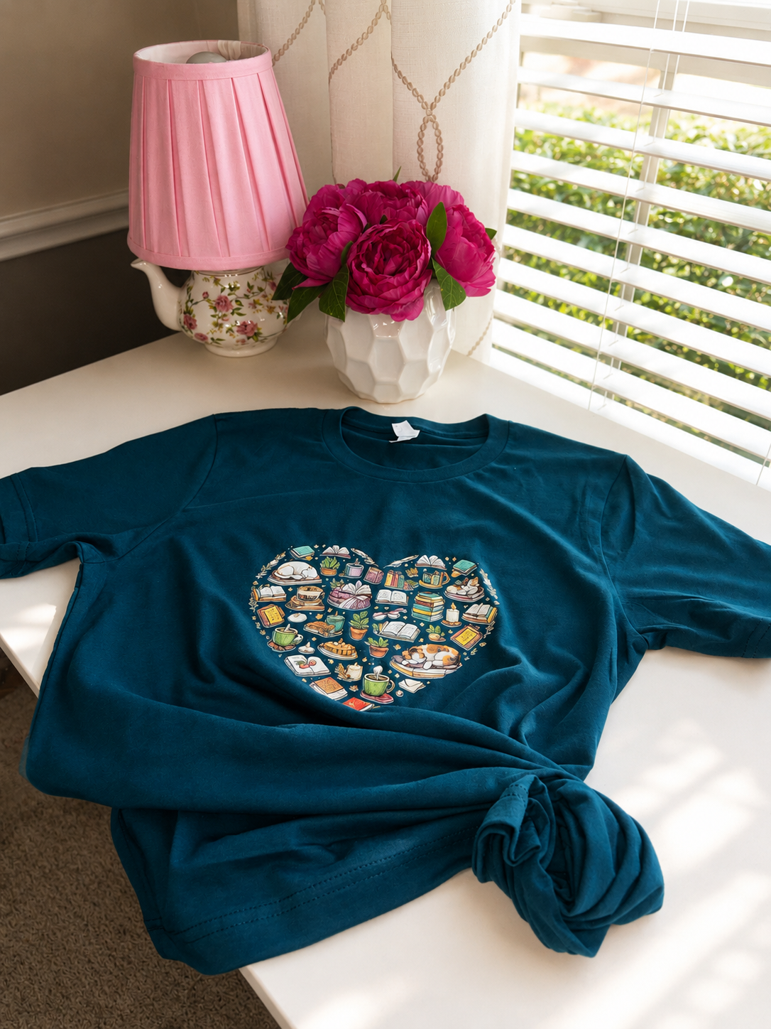 Heart Book Cat Lover T -Shirt in Atlantic