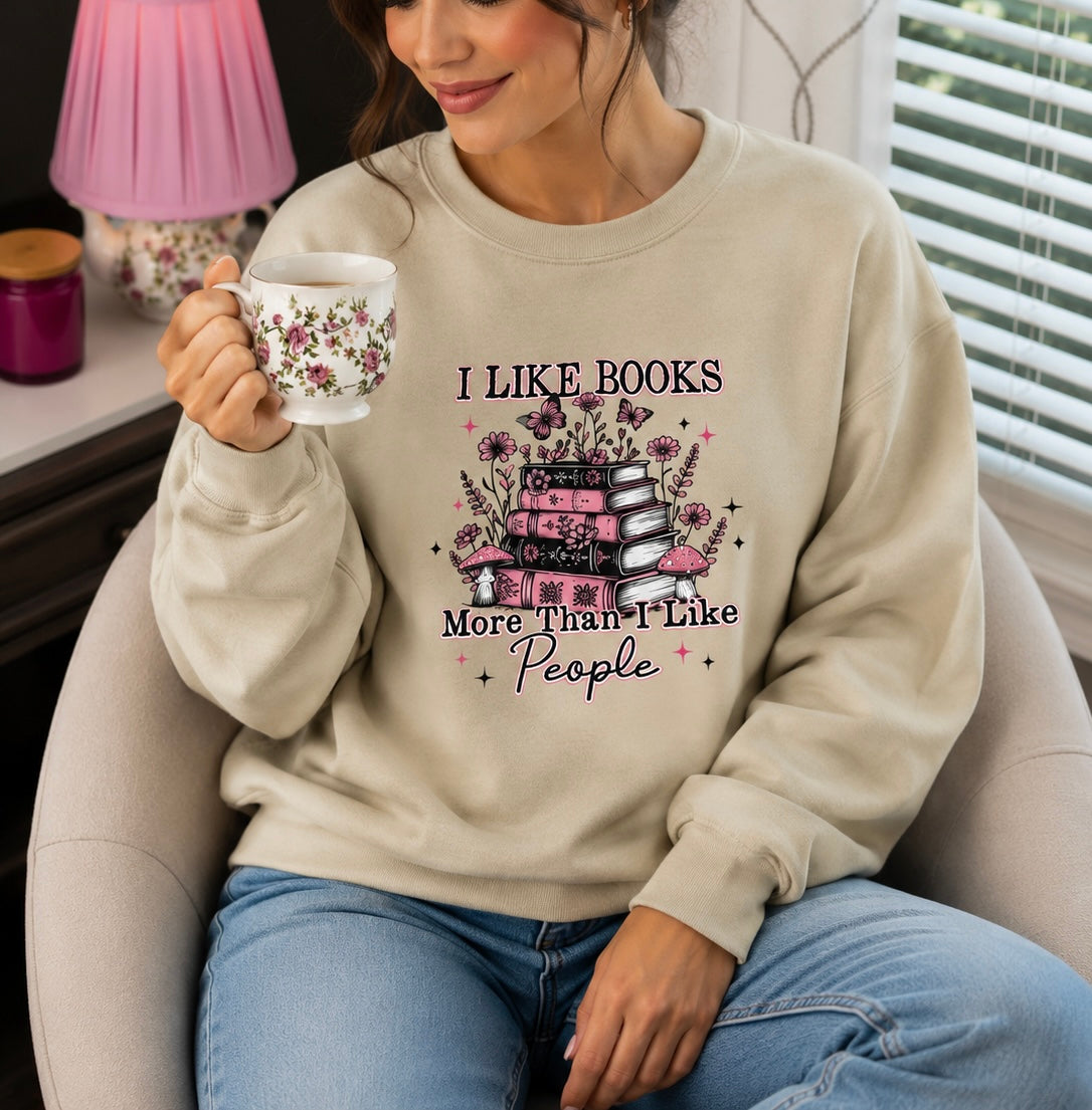 I Like Books More Than I Like People Crewneck in Tan