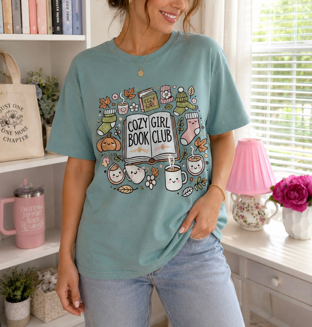 Cozy Girl Book Club T-Shirt in Dusty Blue