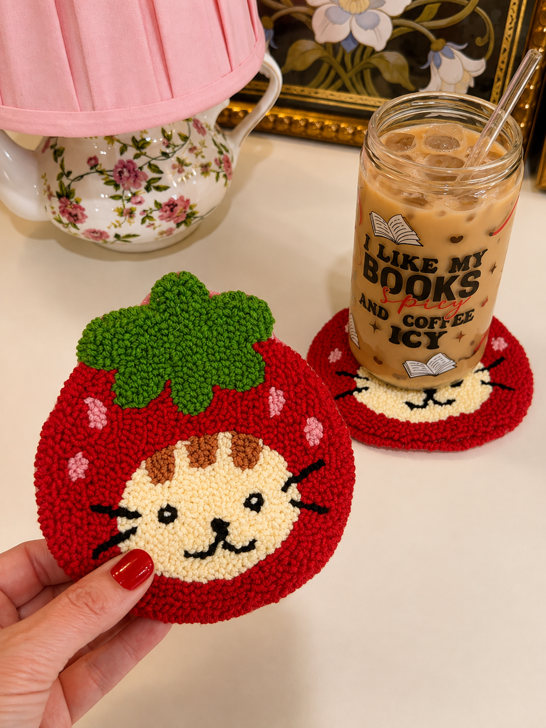 Handmade Strawberry Cat Mug Rug Coaster 