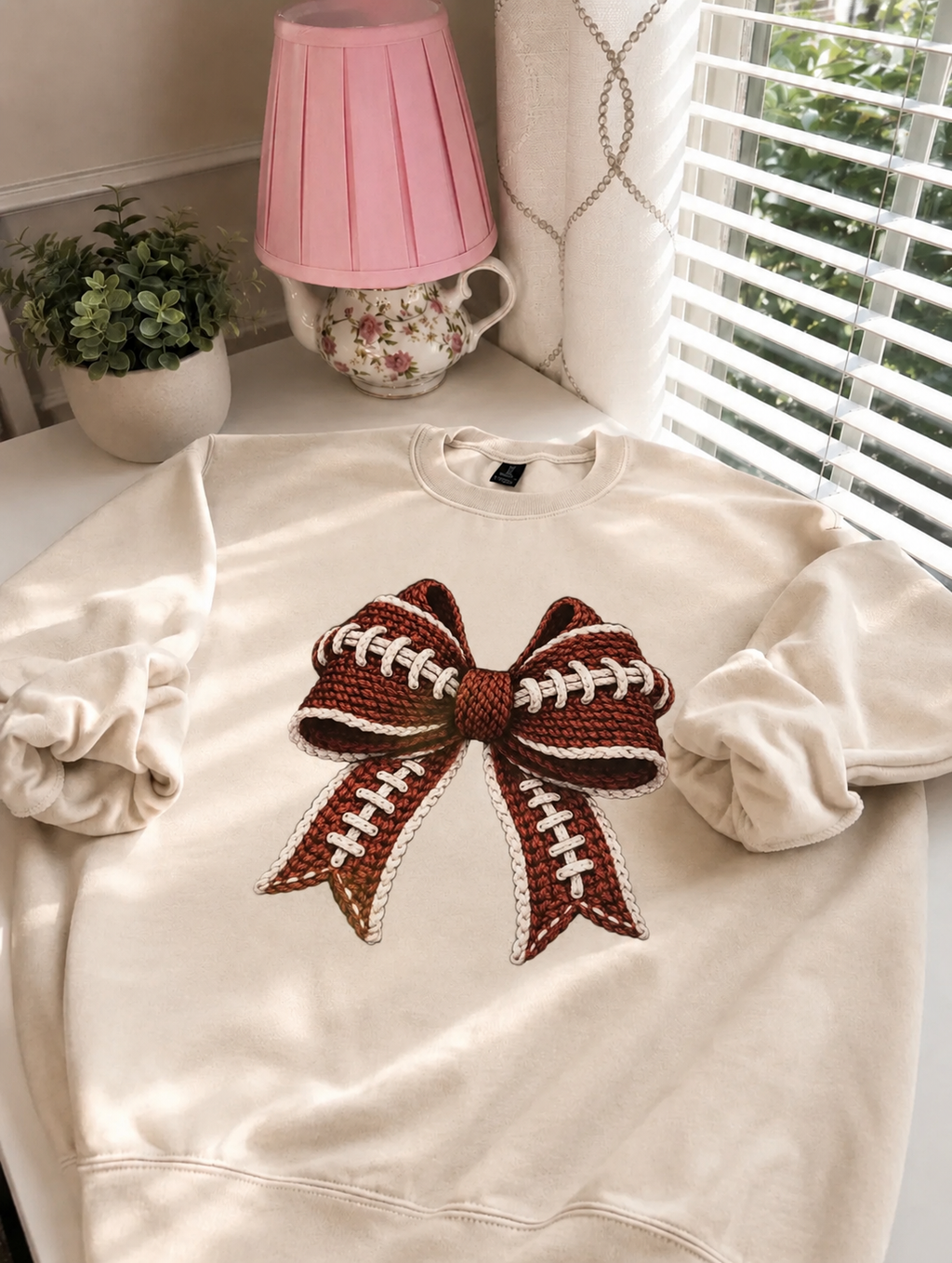 Football Bow Crewneck in Tan