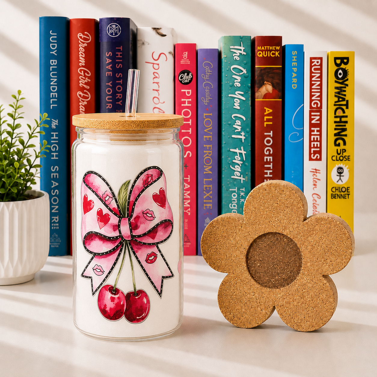 Cherry w Bow 16oz Bamboo Lid Glass Cup