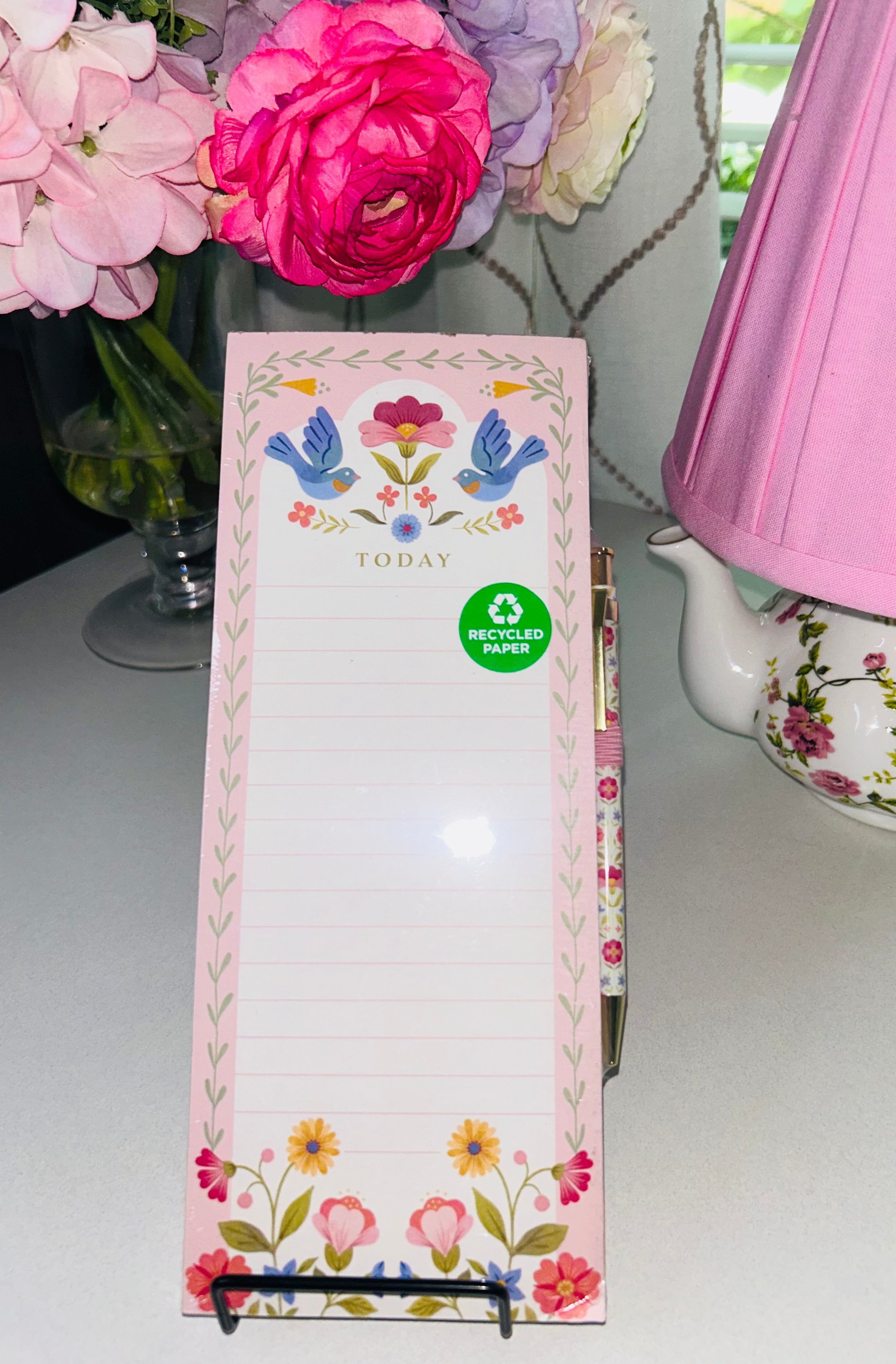 Blue Birds & Pink Notepad with Magnetic Back & Pen