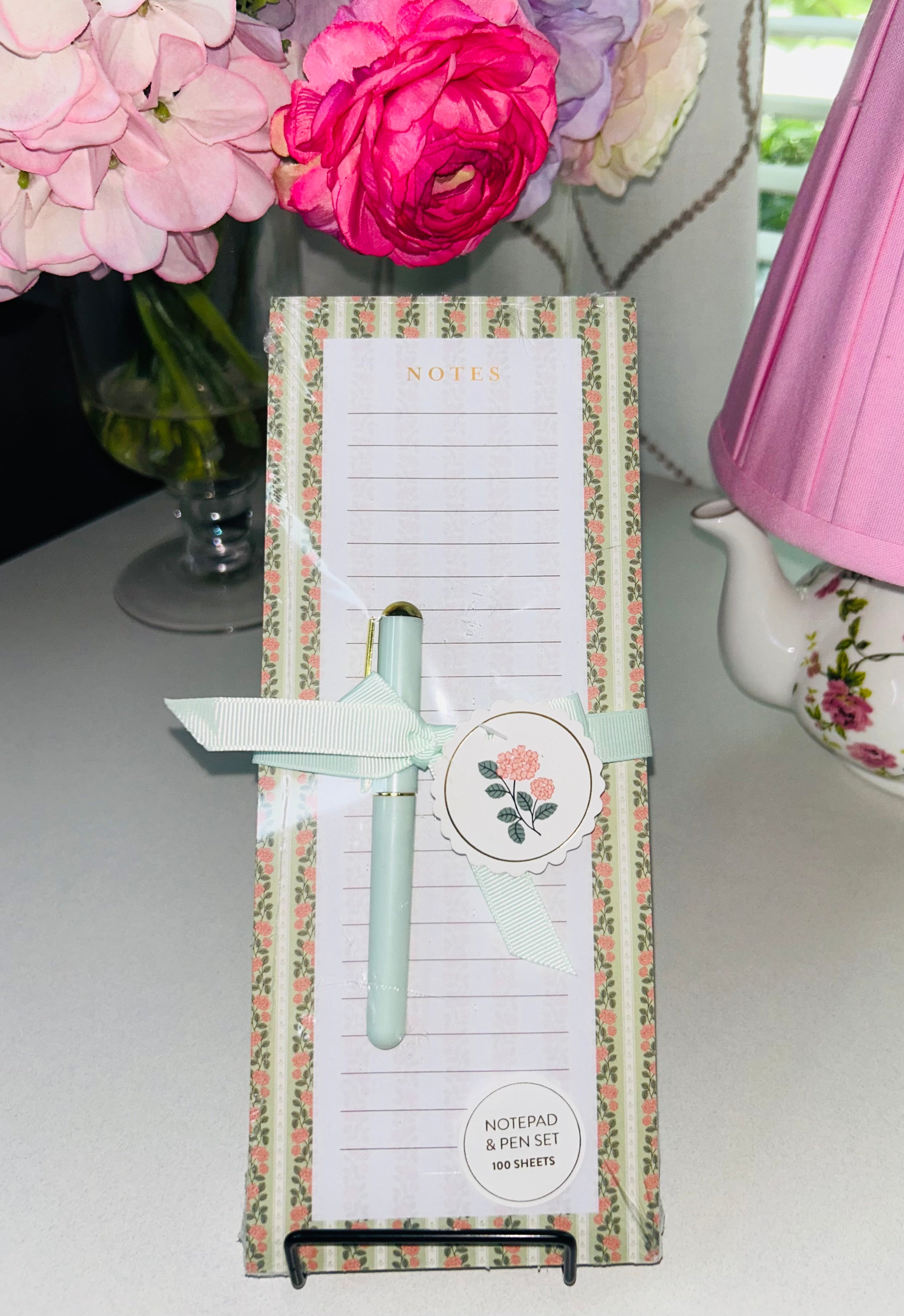 Notes Pink Flower & Green Notepad with Magnetic Back & Pen