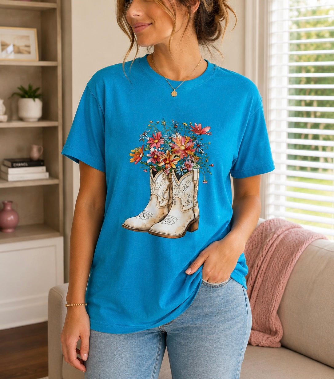 Boots and Flowers T -Shirt in Turquoise