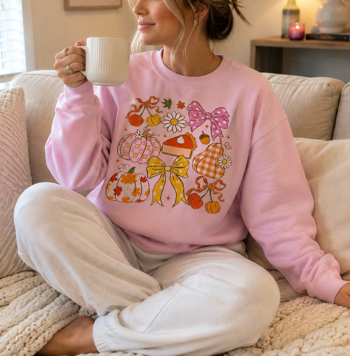 Pumpkin & Bows Crewneck in Pink