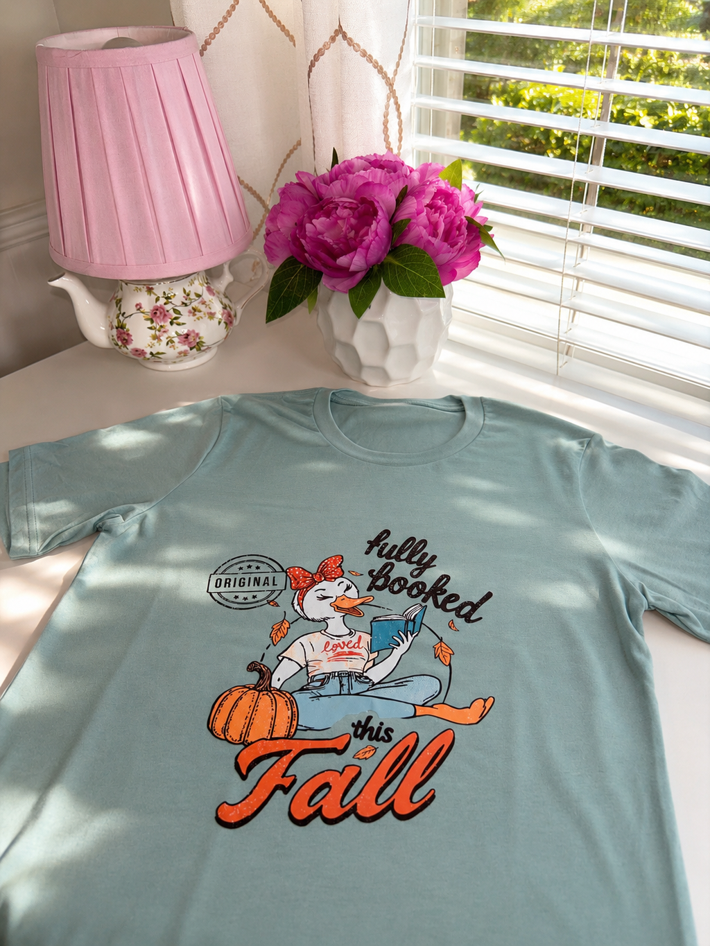 Fully Booked This Fall T - Shirt in Dusty Blue