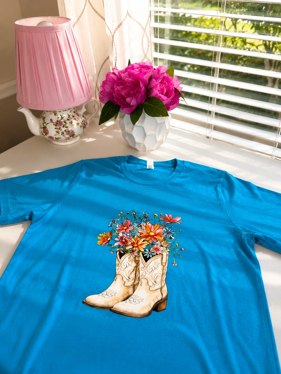 Boots and Flowers T -Shirt in Turquoise