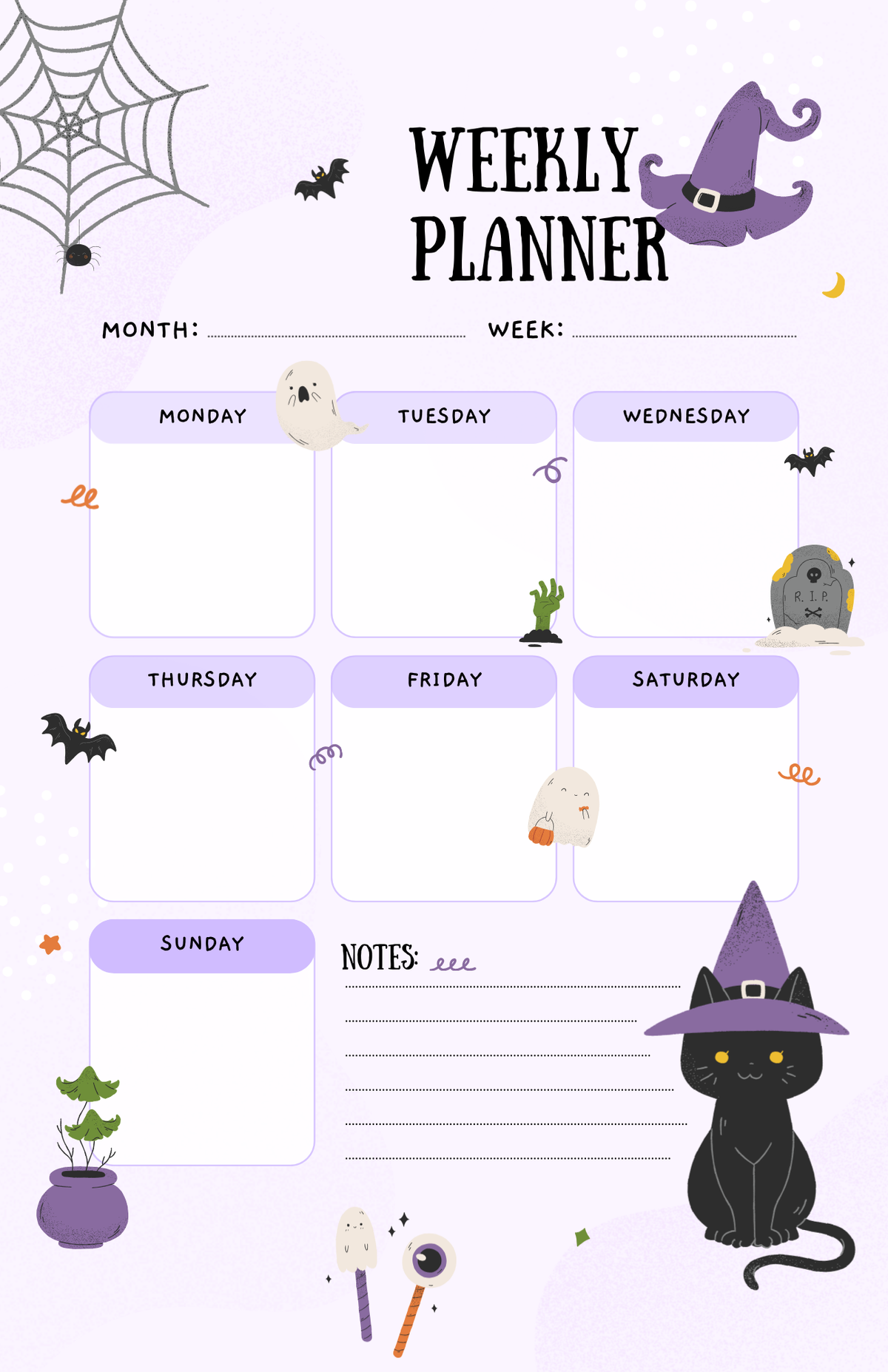 Black Cat Witch Weekly Planner | Purple Halloween Desk Plann