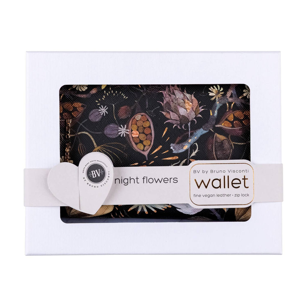 Vegan Leather Zip Wallet - Night Flowers